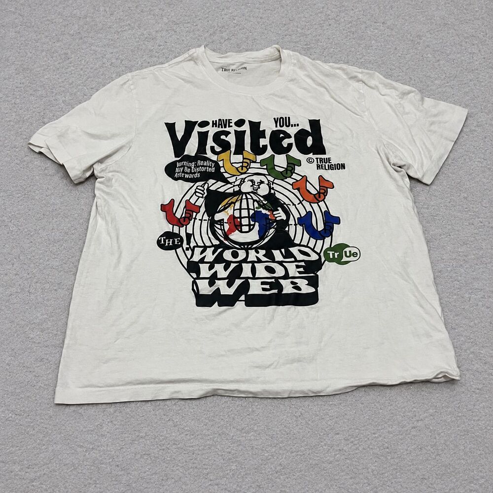 True Religion Mens XL White Distorted World Wide Web Graphic T-Shirt Buddha Tee
